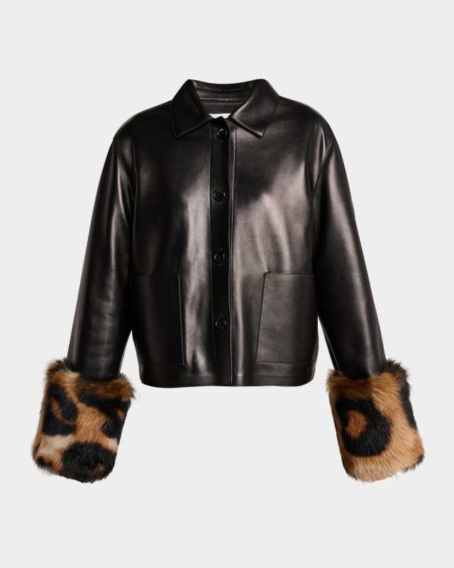 Leather Jacket With Leopard-Print Lamb Shearling Cuffs